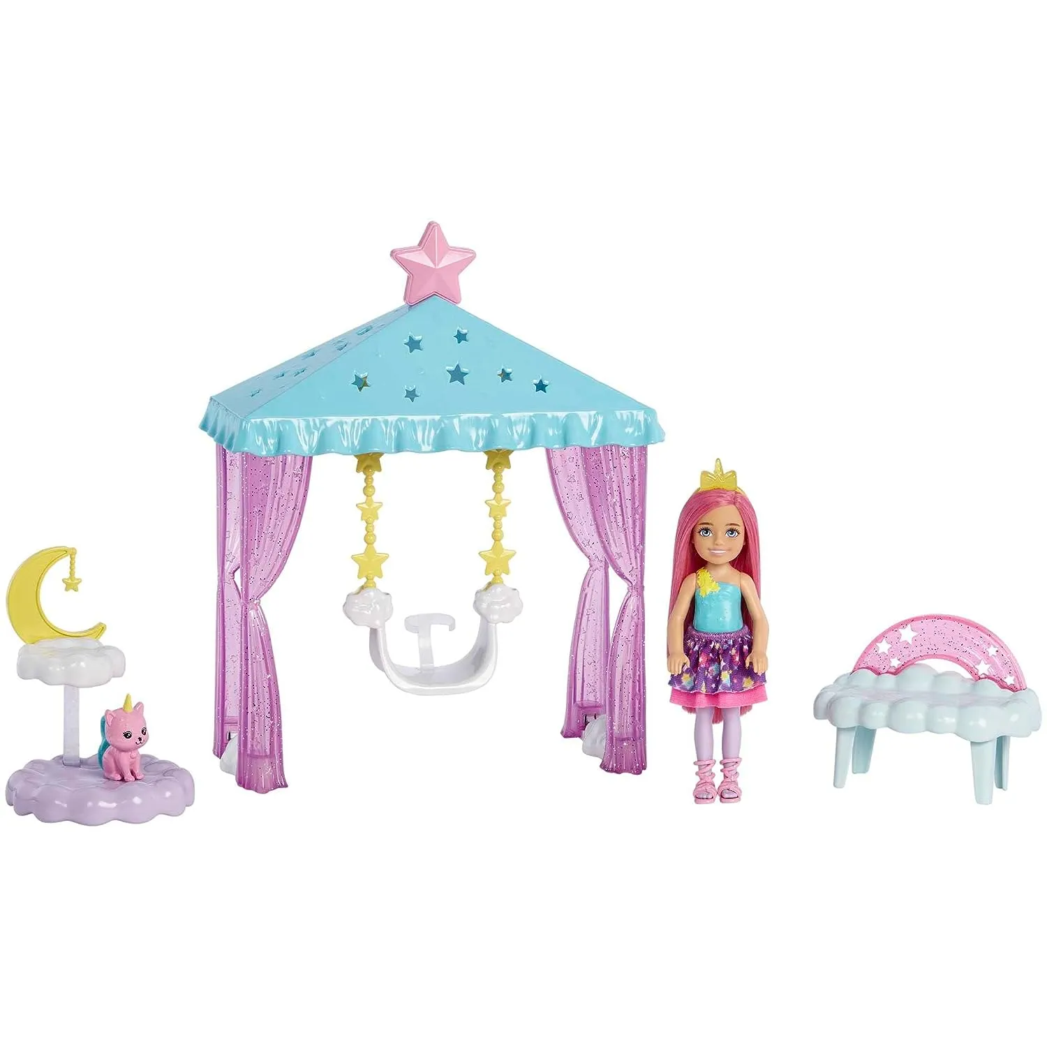 Barbie Dreamtopia Chelsea Small Doll with Gazebo Swing, Kitten and Accessories Playset for Ages 3 