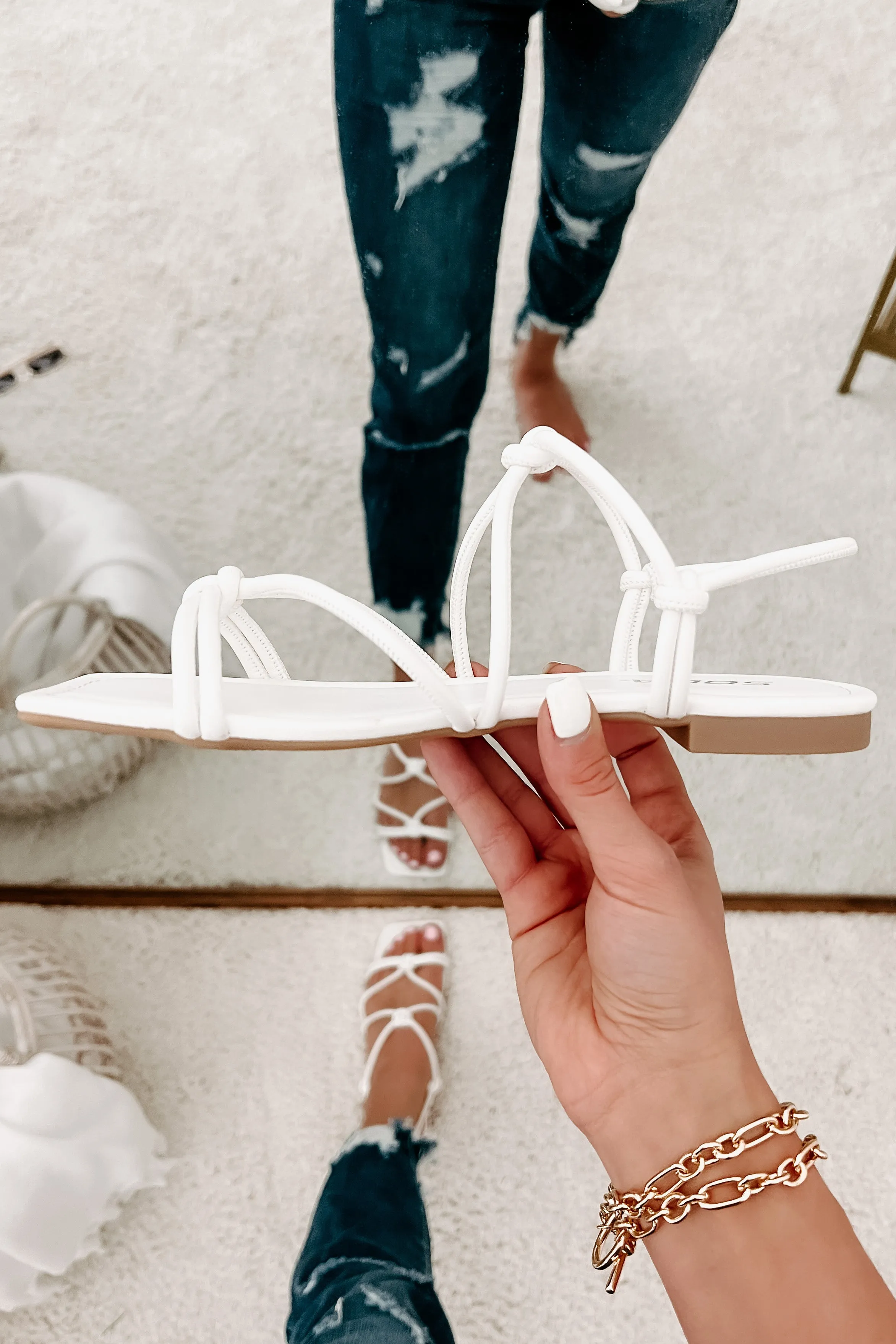 Better In Person Knotted Strappy Sandals (White)