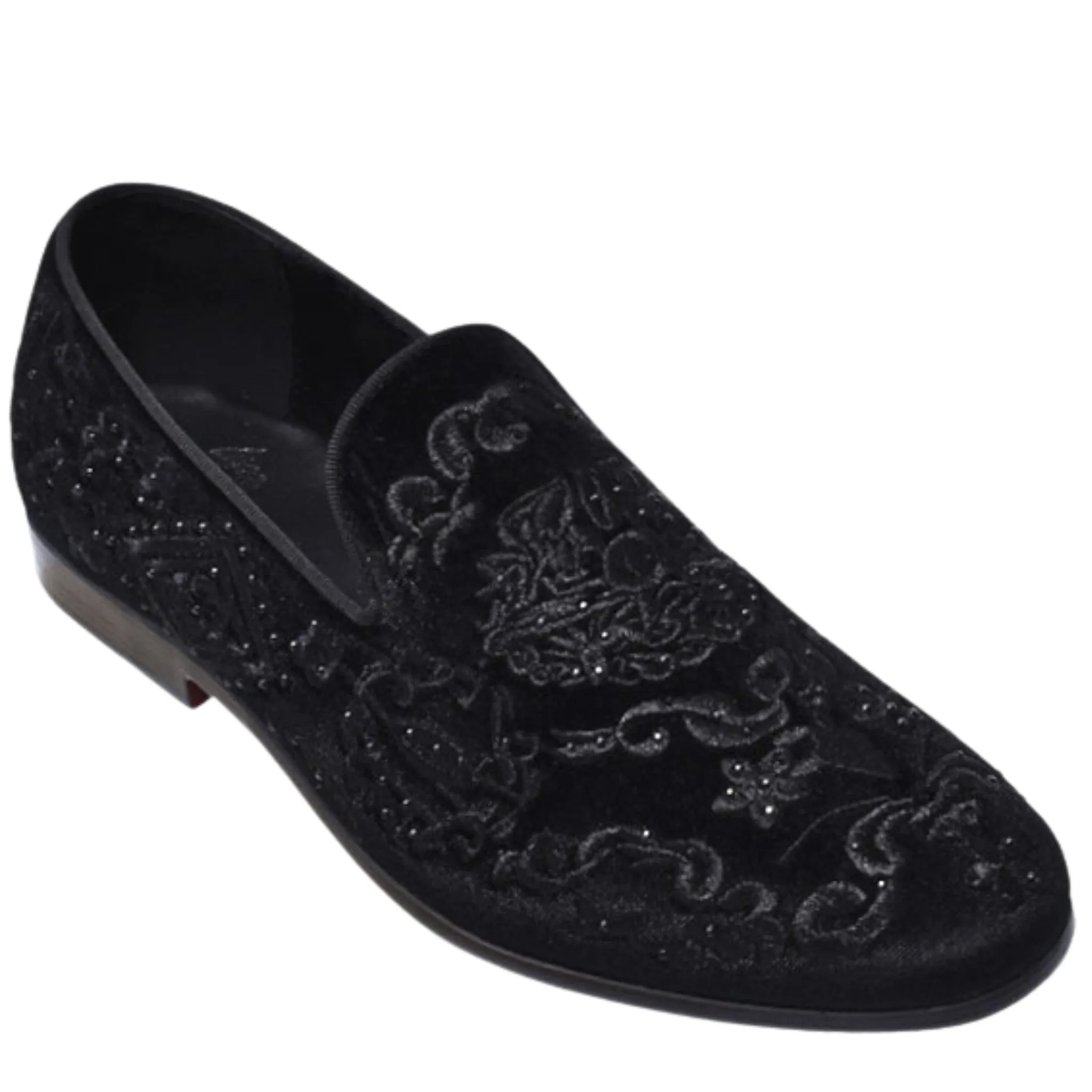 Black Paisley Velvet Loafer: Embedded with Black Stones