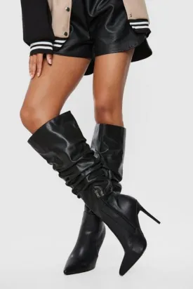 Black PU Ruched Stiletto Heel Pointed Toe Knee High Boots