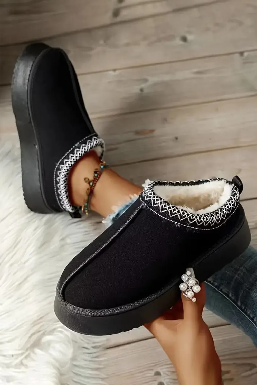 Black Suede Plush Lined Indoor/Outdoor Slippers