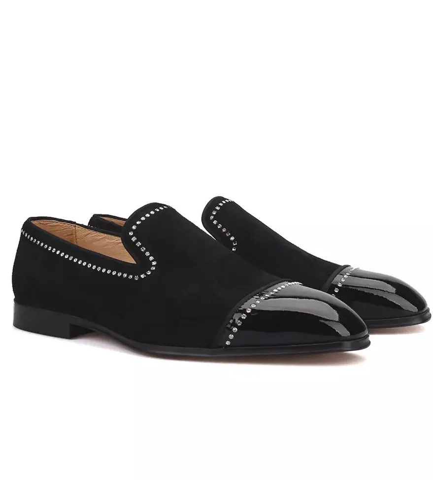 Black Velvet and Patent Leather Crystal Line Loafers