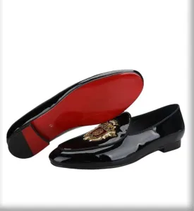 Black Velvet and Patent Leather Embroidery Crest Loafers