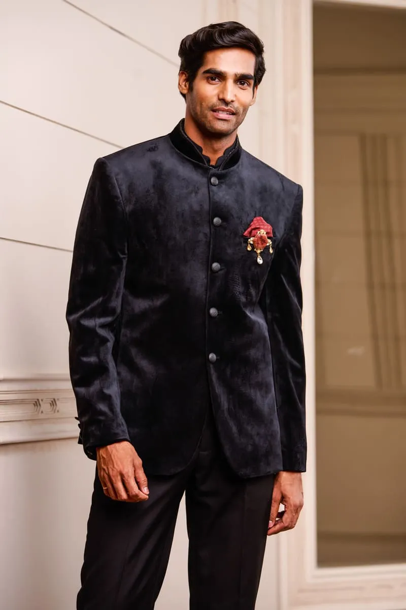 Black Velvet Bandhgala with Kantha Stich Detailing