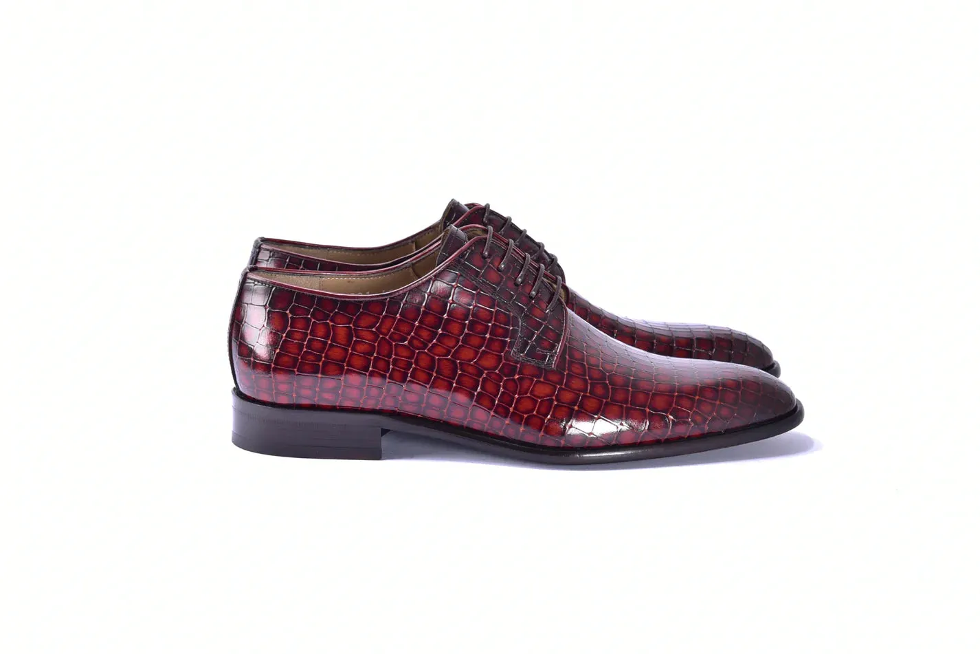 Burgundy Men's Lace-Up Italian Leather Shoes Croco Print C01508-6291C By Corrente