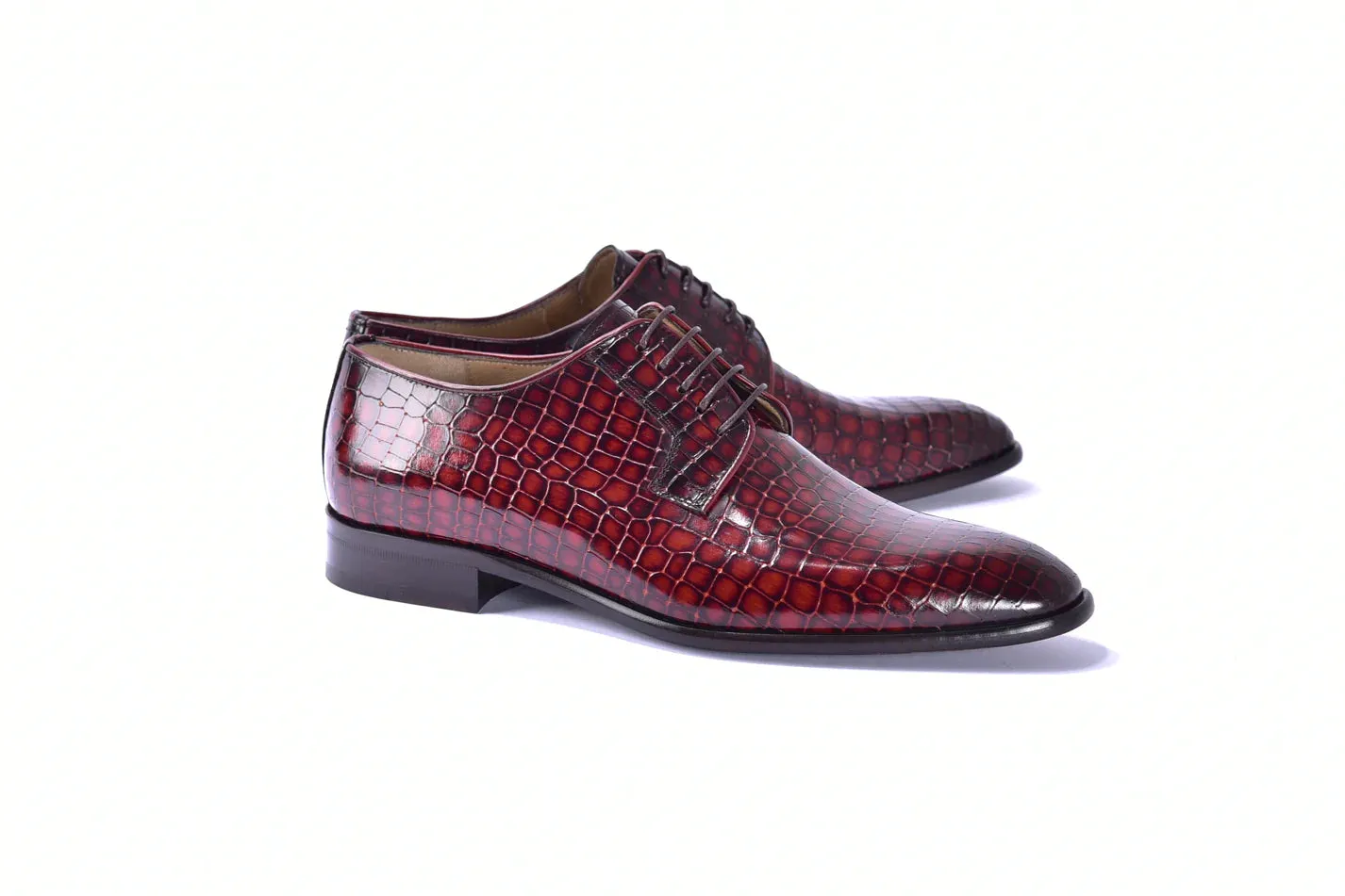 Burgundy Men's Lace-Up Italian Leather Shoes Croco Print C01508-6291C By Corrente