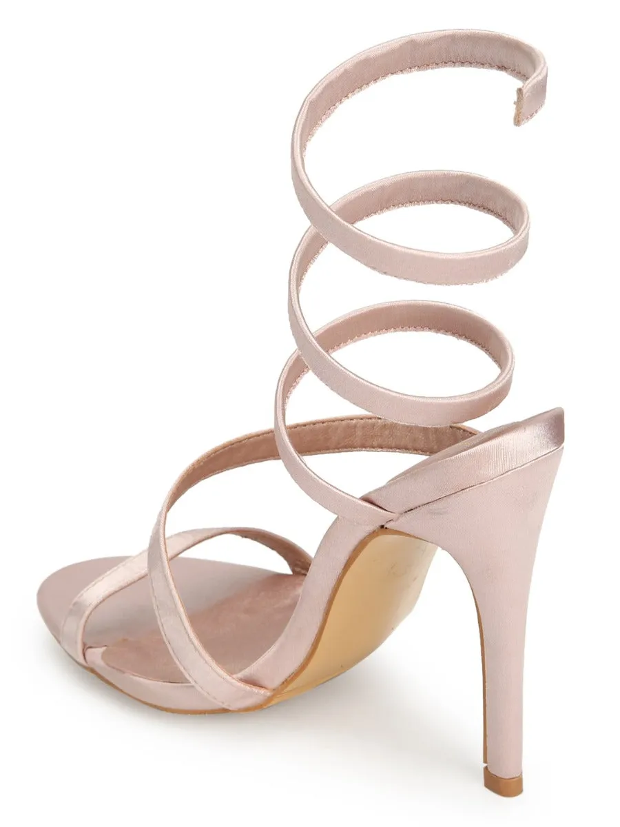 Champagne Satin Wrap Around Stilettos