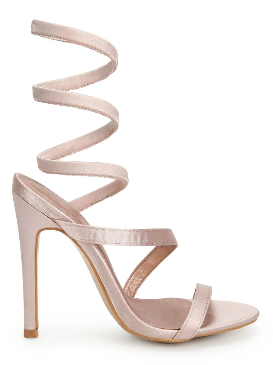 Champagne Satin Wrap Around Stilettos