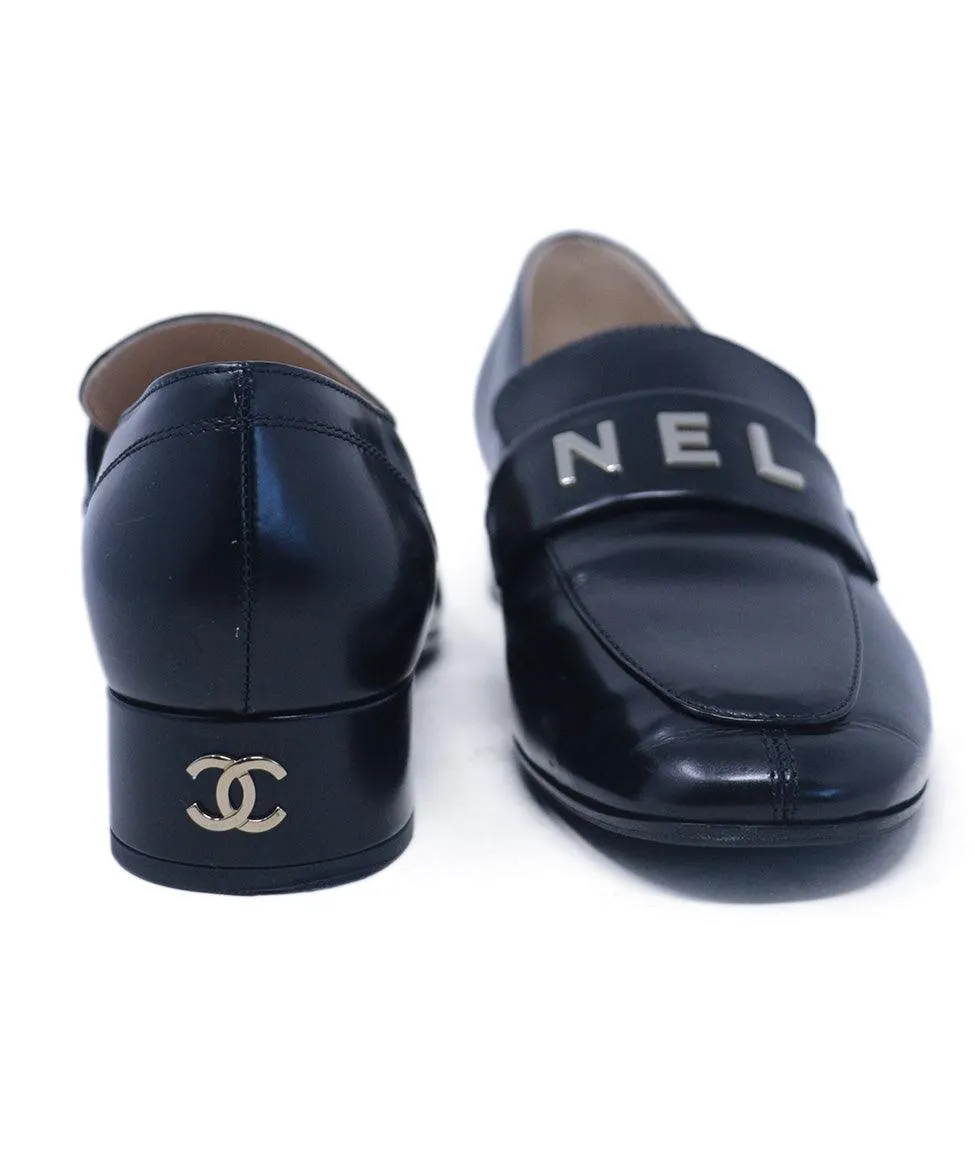 Chanel Black Leather Lettering Loafers sz 9.5