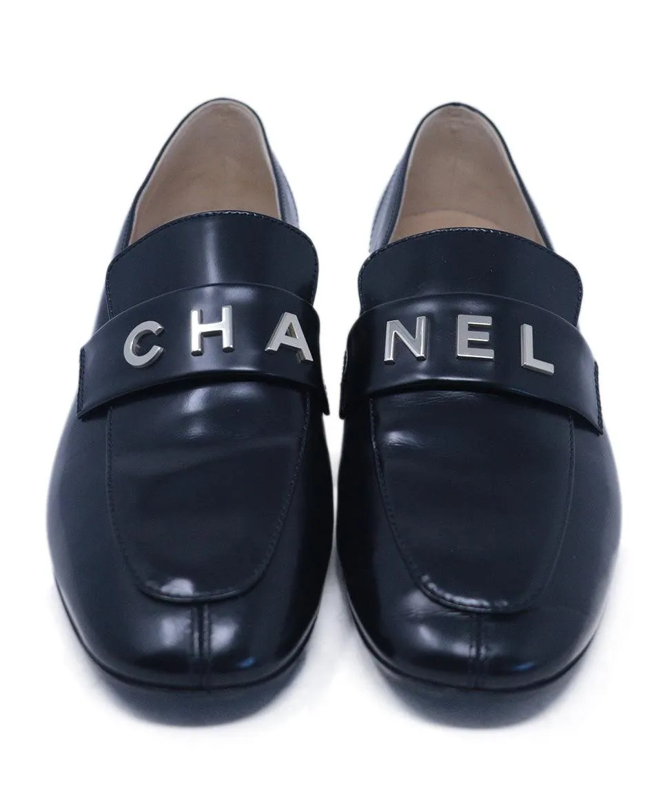 Chanel Black Leather Lettering Loafers sz 9.5