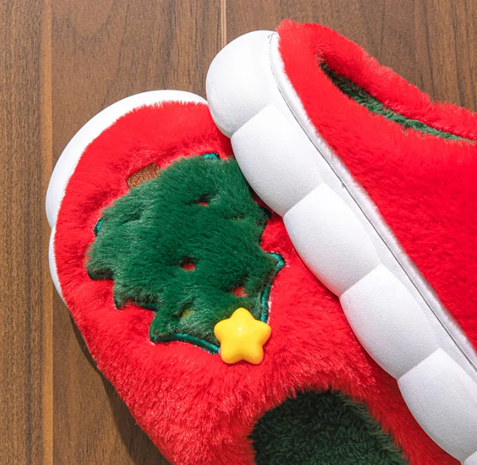 Christmas Slippers Foam for Women,Warm Non-Slip Slides with Christmas Tree Designs