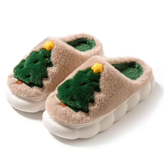 Christmas Slippers Foam for Women,Warm Non-Slip Slides with Christmas Tree Designs