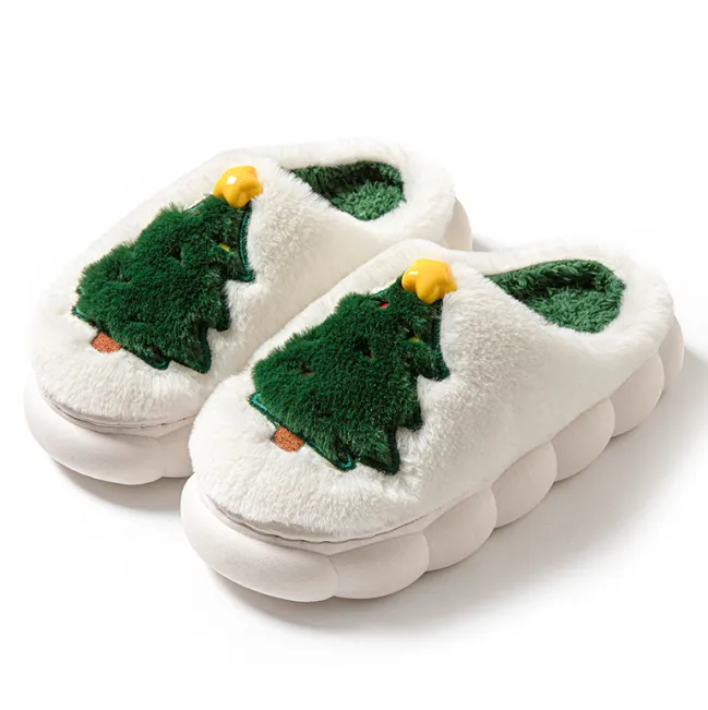 Christmas Slippers Foam for Women,Warm Non-Slip Slides with Christmas Tree Designs