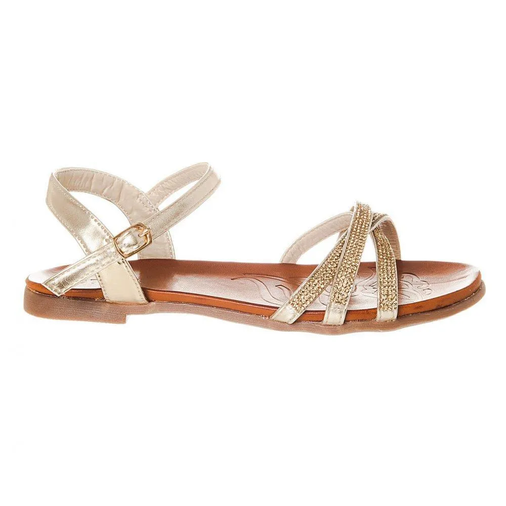 Flat Block Heel Ankle Strap Decorative Stone Straps