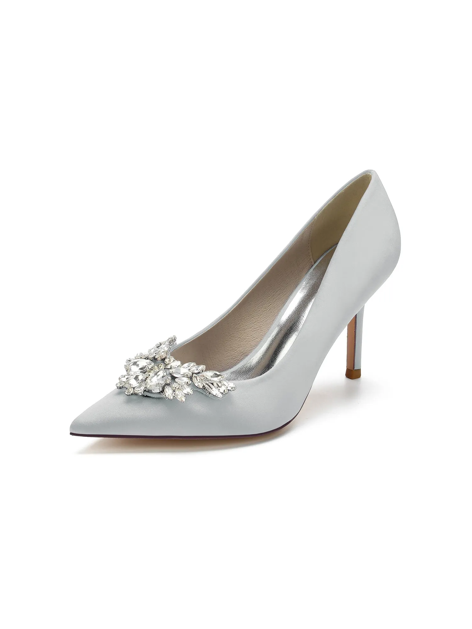 Flower Shape Rhinestone Satin Stiletto Pumps