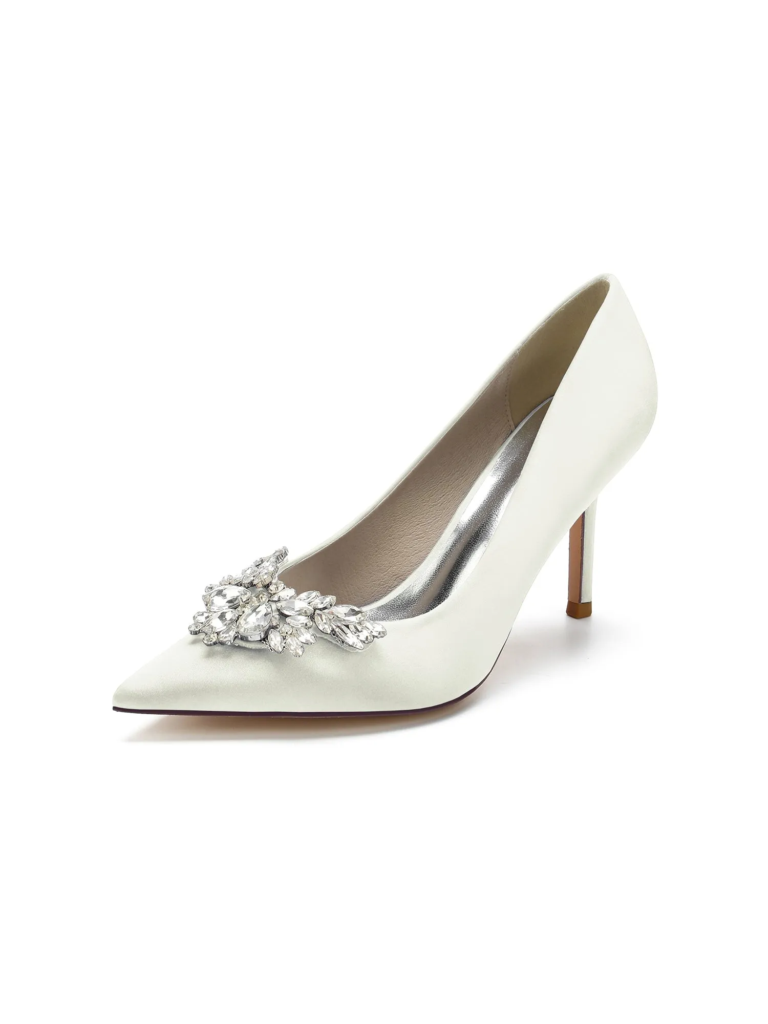 Flower Shape Rhinestone Satin Stiletto Pumps