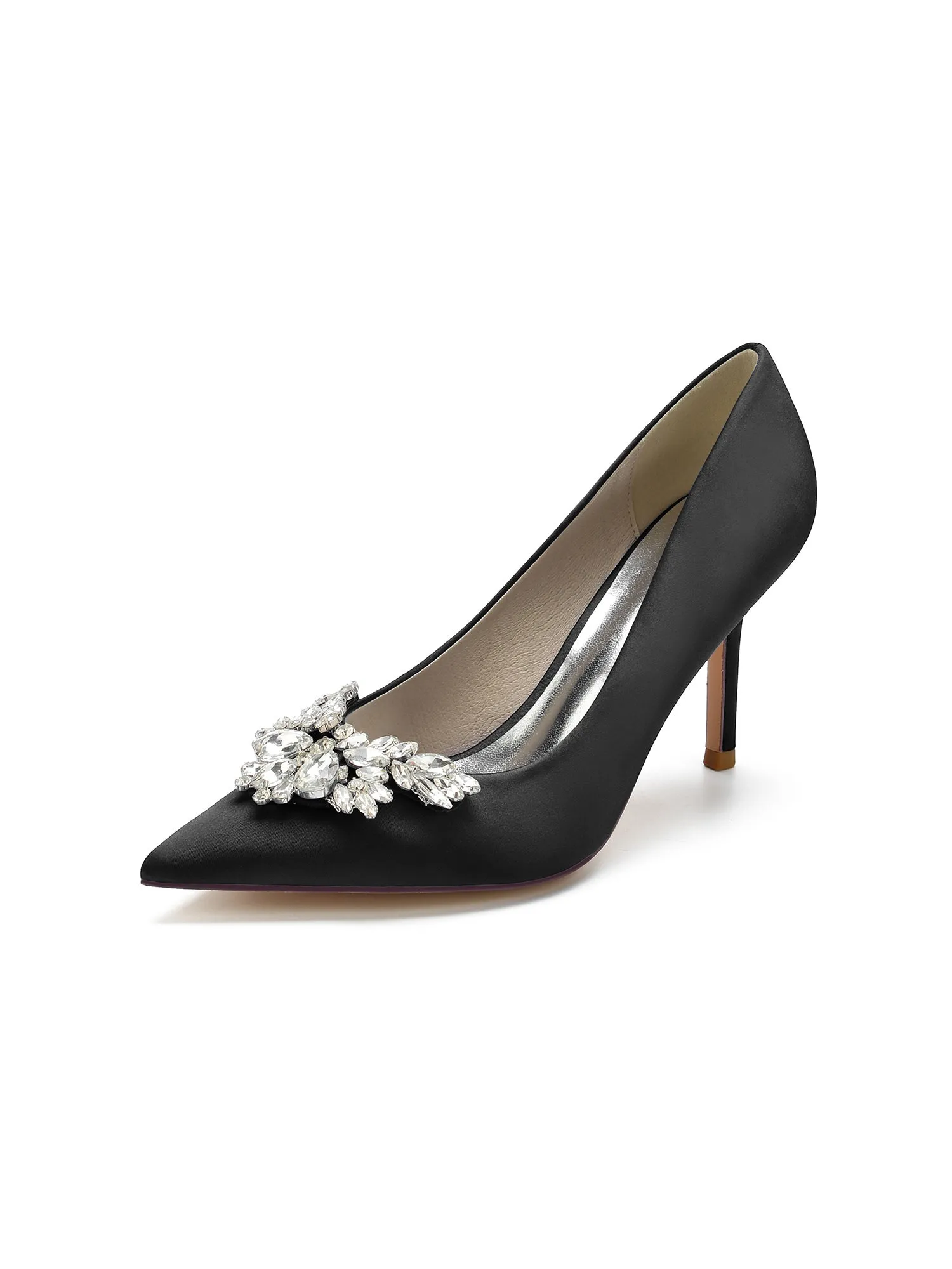 Flower Shape Rhinestone Satin Stiletto Pumps