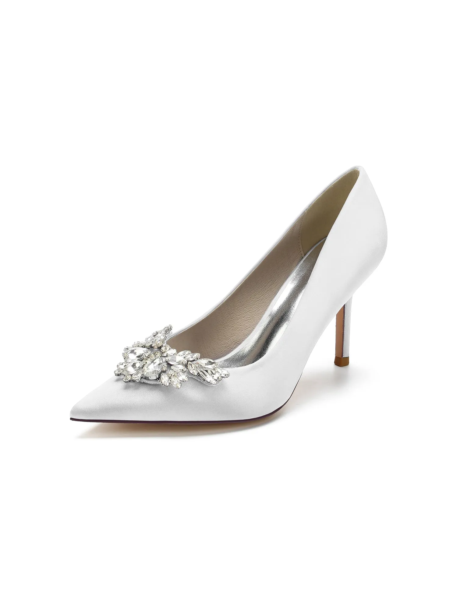 Flower Shape Rhinestone Satin Stiletto Pumps