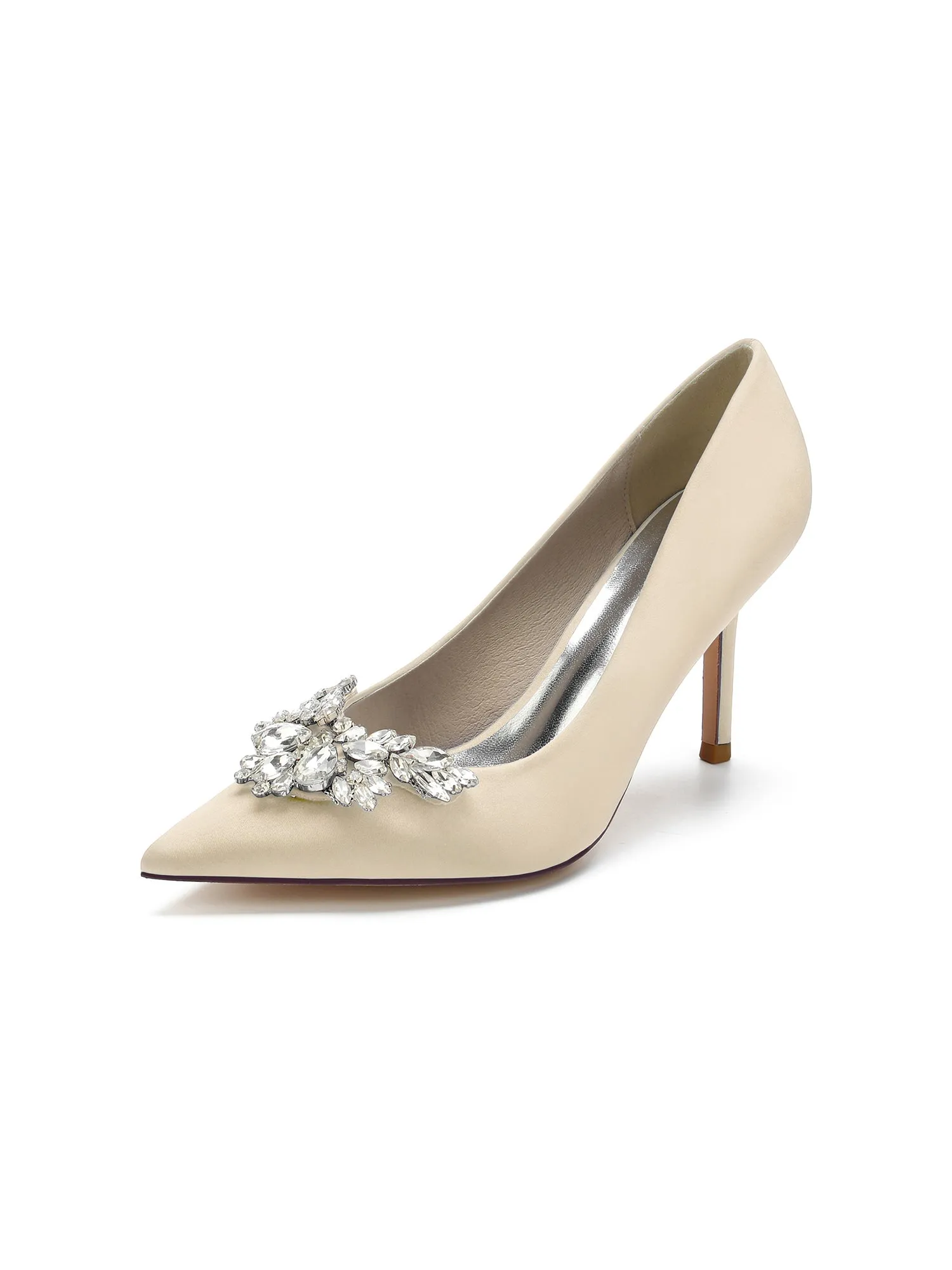 Flower Shape Rhinestone Satin Stiletto Pumps