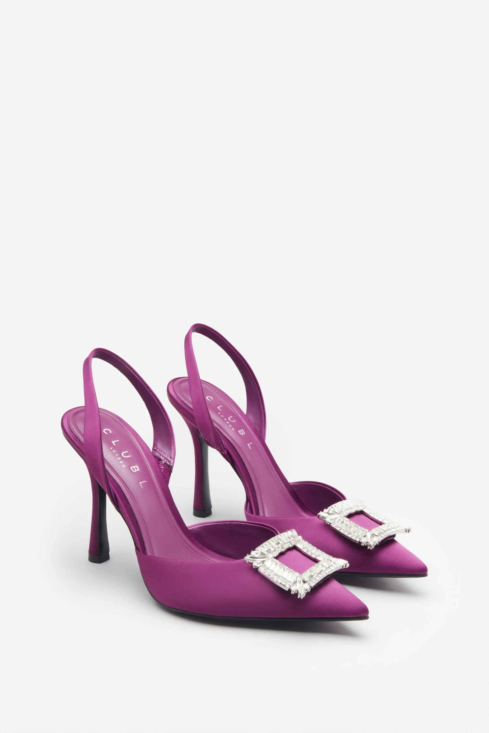 Just A Fling | Purple Satin Sling Back Heels With Diamante Brooches