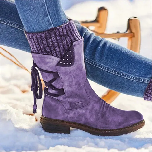 Leather Lace-Up Waterproof Mid-Calf Snow Boots