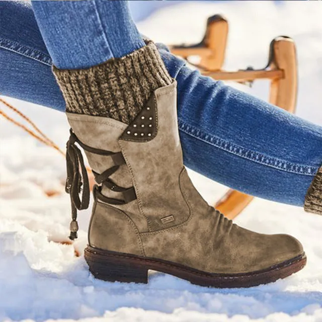 Leather Lace-Up Waterproof Mid-Calf Snow Boots