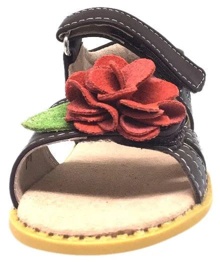 Livie & Luca Girl's Camille Brown Leather Suede Flower Hook and Loop Open Toe Sandal