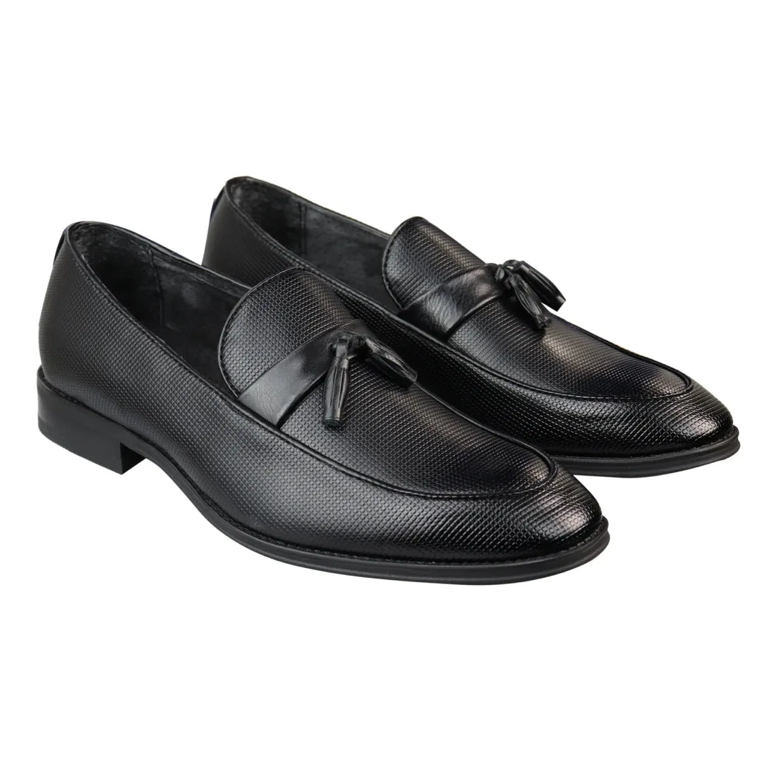 Mens Slip On Black Tassel Loafers Classic Smart Casual Retro Leather Lined