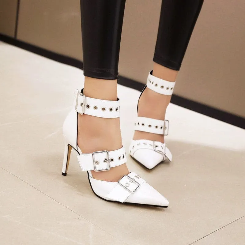 Metal Multi Buckle Ankle Strap High Heels in Black