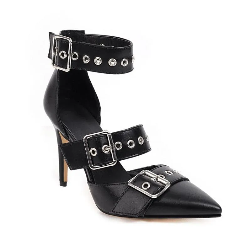 Metal Multi Buckle Ankle Strap High Heels in Black