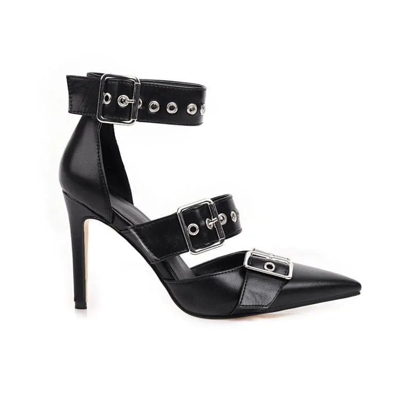 Metal Multi Buckle Ankle Strap High Heels in Black