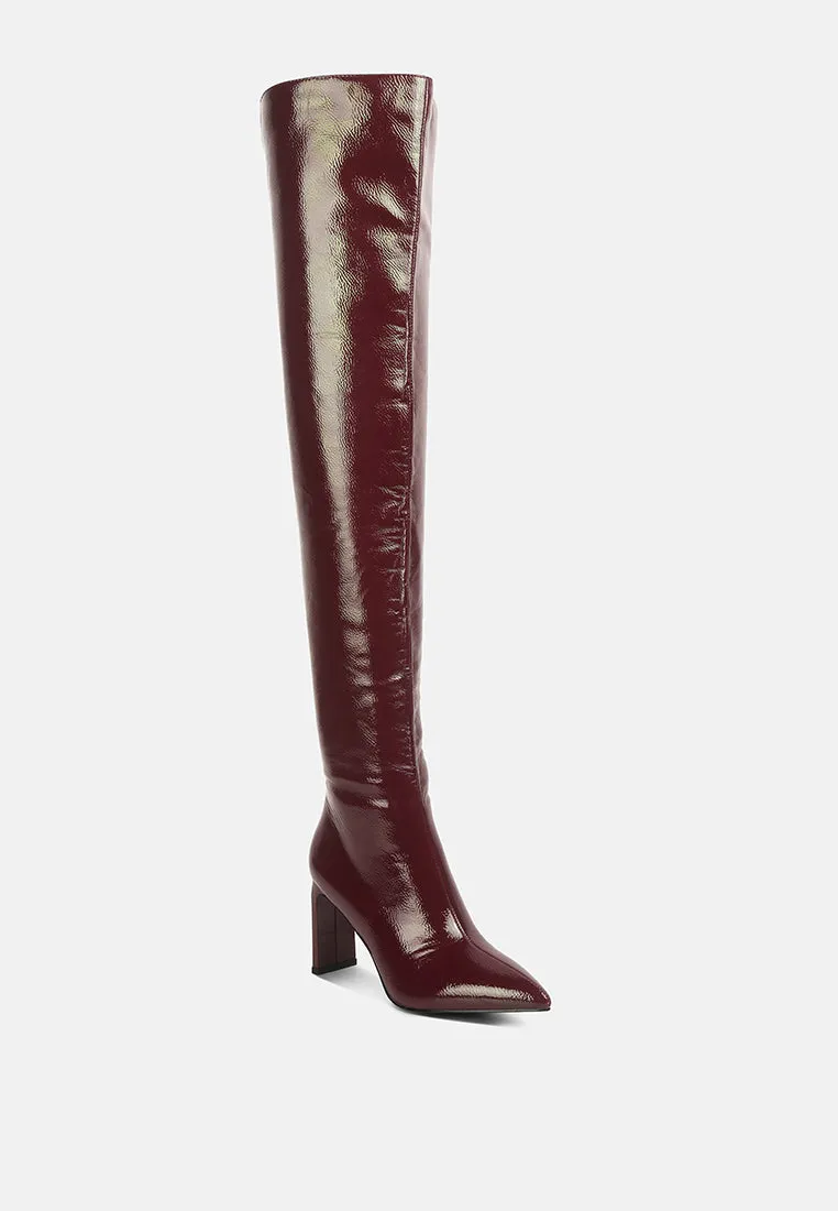 Minkles Patent Pu Long Slim Block Heeled Boots