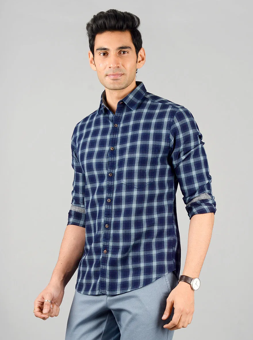 Oil Blue Checked Slim Fit Casual Shirt | Greenfibre