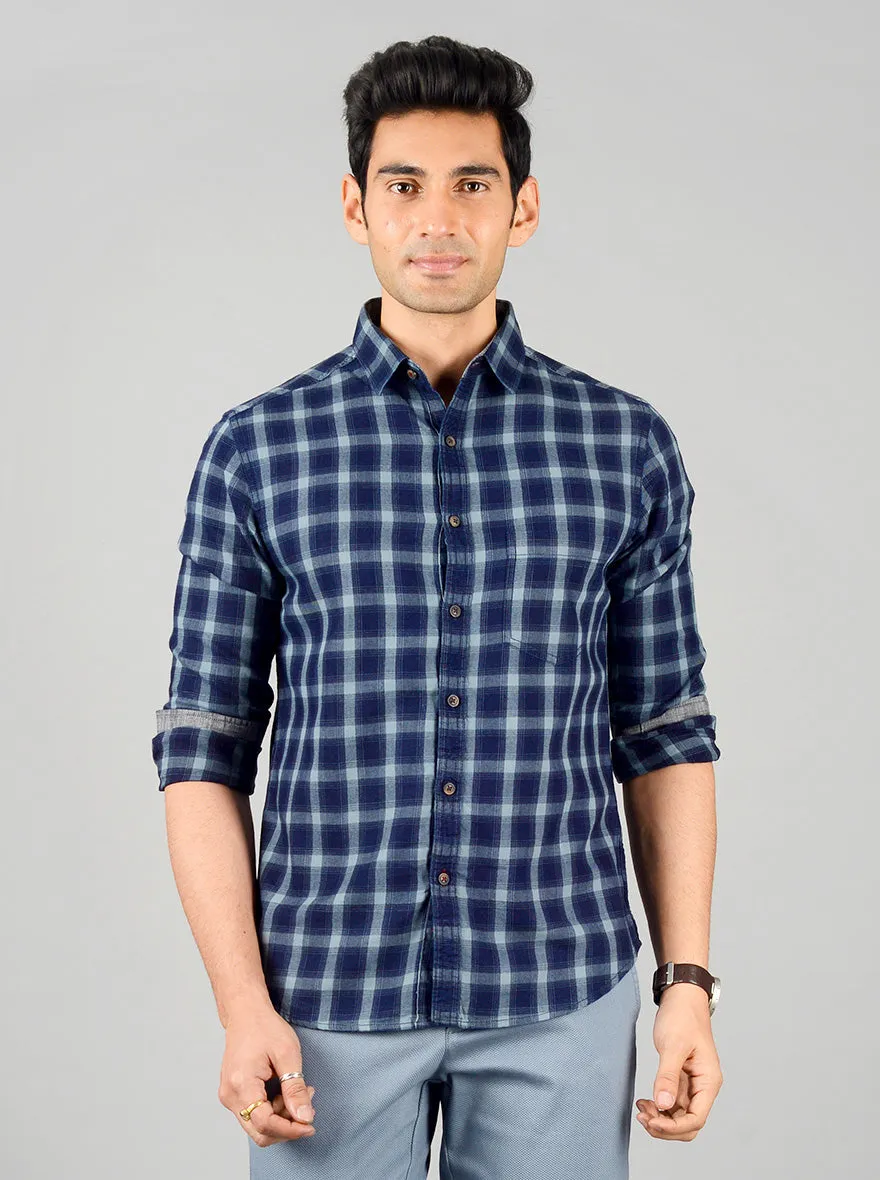 Oil Blue Checked Slim Fit Casual Shirt | Greenfibre