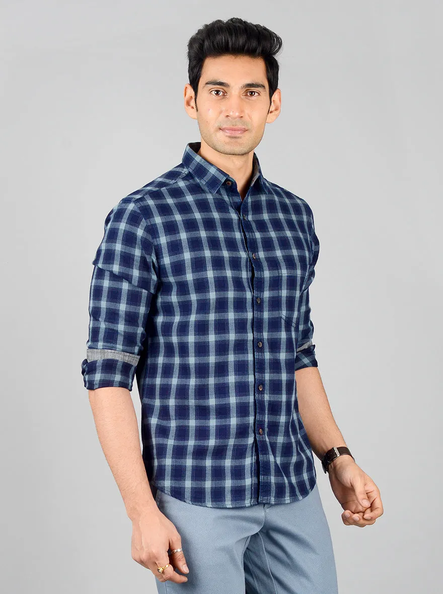 Oil Blue Checked Slim Fit Casual Shirt | Greenfibre