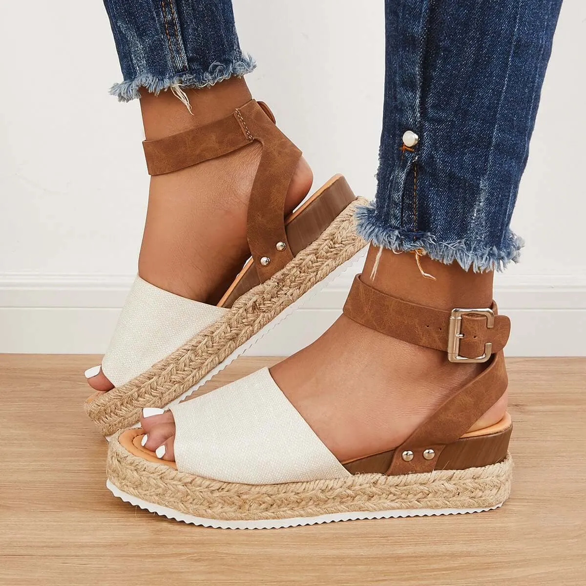 Sohiwoo Women Open Toe Platform Espadrille Wedges Ankle Strap Sandals