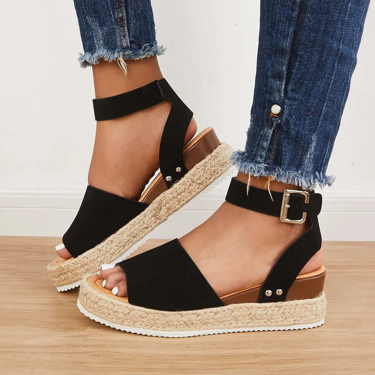 Sohiwoo Women Open Toe Platform Espadrille Wedges Ankle Strap Sandals