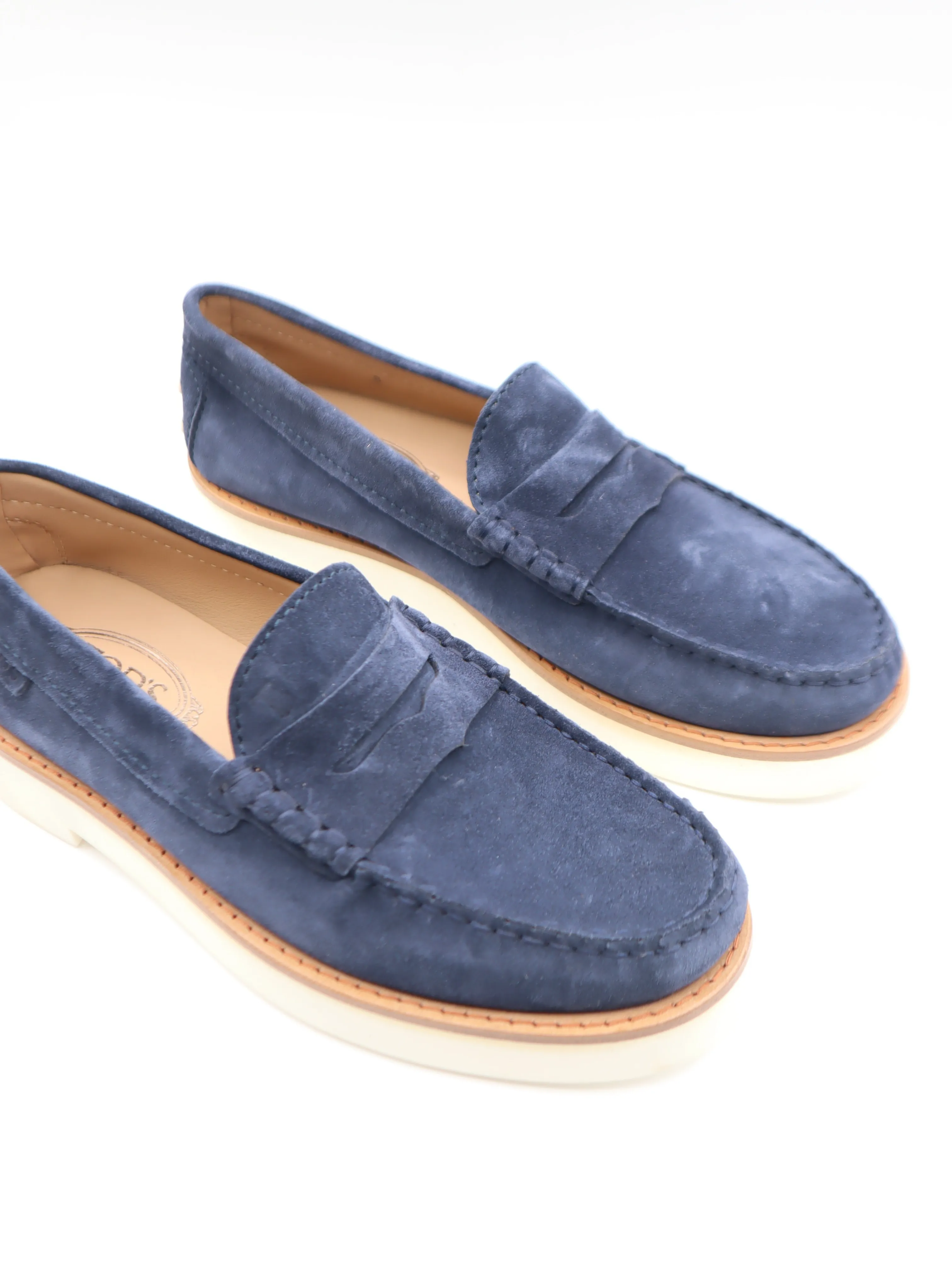 Tods Mens Navy Blue Suede Rubber Sole Moccasin Loafer