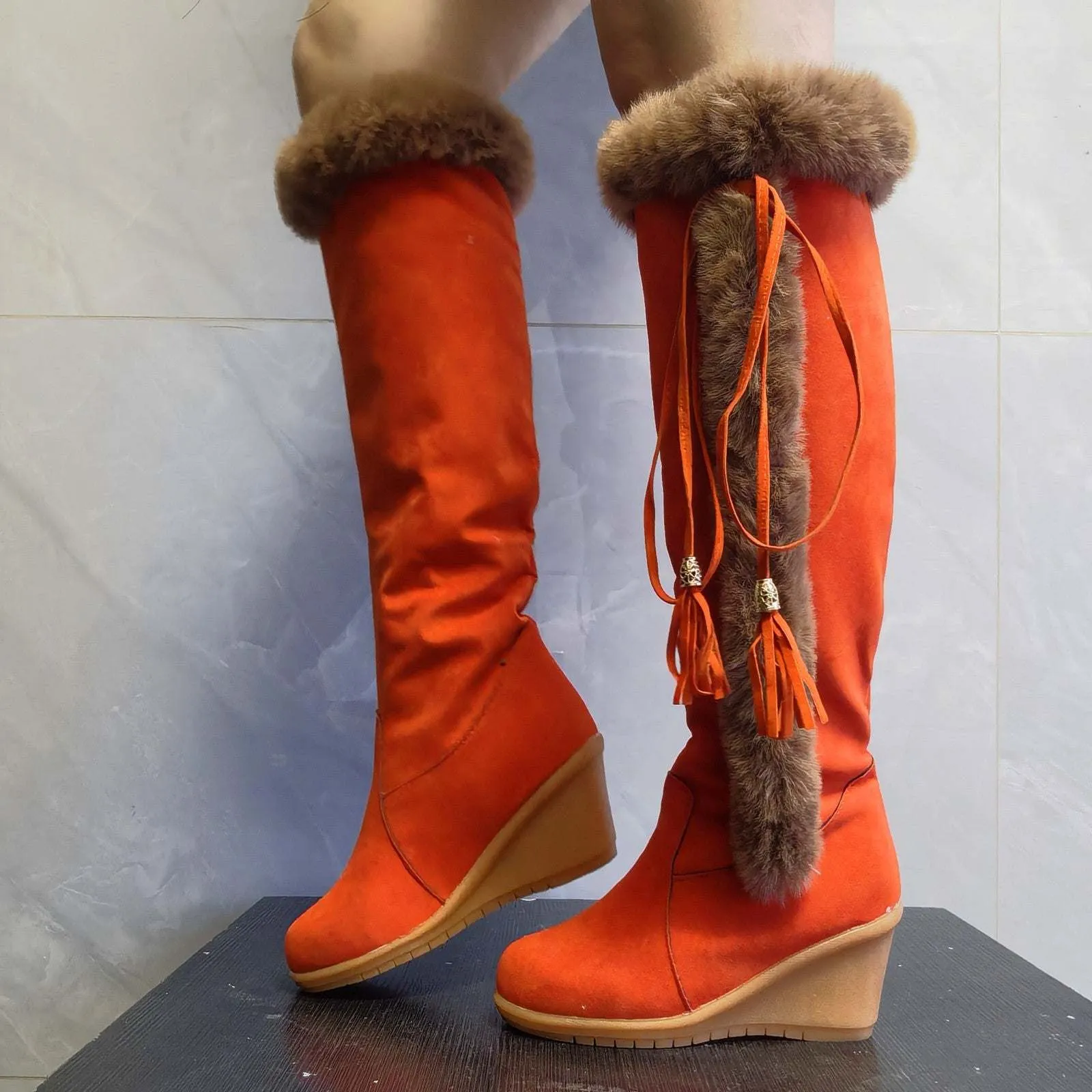 Winter Plush Long Boots For Women Combat Boots Wedges Shoes