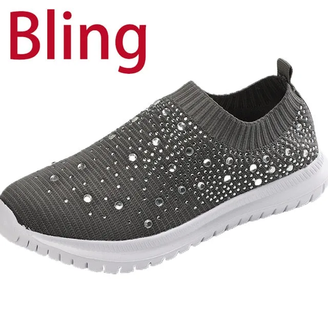 Women Flats Sneakers Crystal Fashion Bling Sneakers Casual Slip On Sock Trainers Summer Women Vulcanize Shoe Zapatillas Mujer