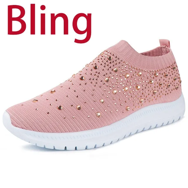 Women Flats Sneakers Crystal Fashion Bling Sneakers Casual Slip On Sock Trainers Summer Women Vulcanize Shoe Zapatillas Mujer