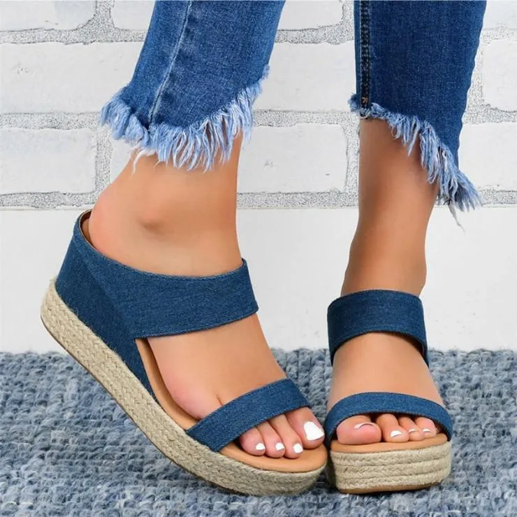 Women two strap chunky heel platform antiskid slide espadrille sandals