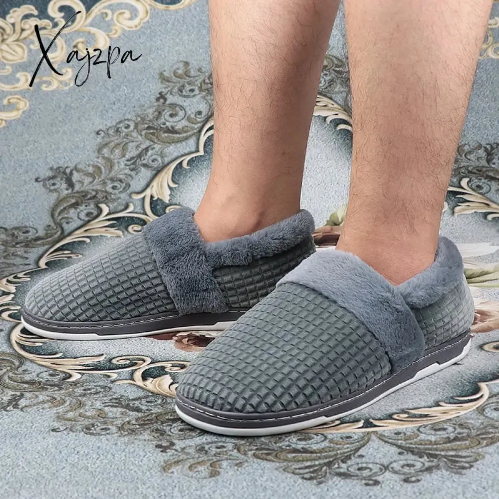 Xajzpa - Winter Slippers for Men Plus Size 47 Suede Gingham Fluffy House Slippers Memory Foam Male Home Slippers Soft Antiskid Hot Sale