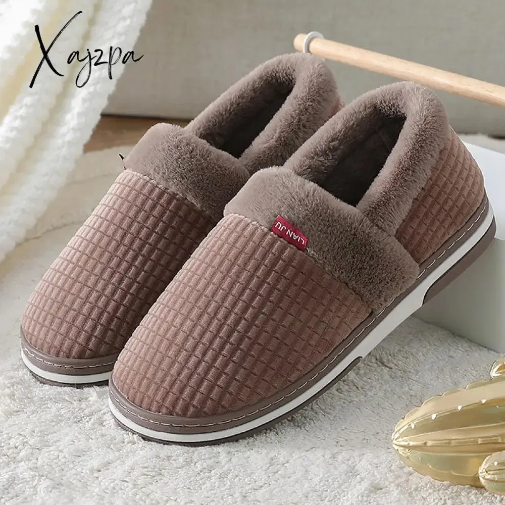 Xajzpa - Winter Slippers for Men Plus Size 47 Suede Gingham Fluffy House Slippers Memory Foam Male Home Slippers Soft Antiskid Hot Sale