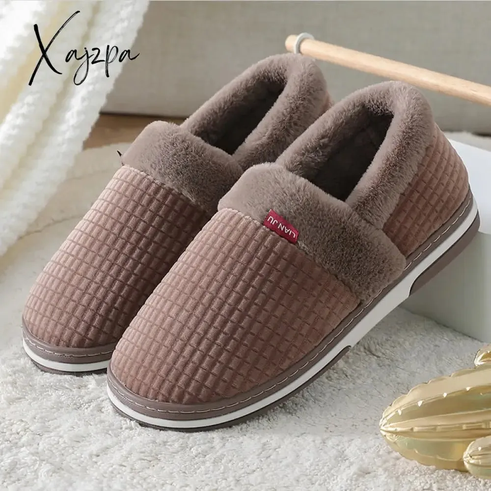 Xajzpa - Winter Slippers for Men Plus Size 47 Suede Gingham Fluffy House Slippers Memory Foam Male Home Slippers Soft Antiskid Hot Sale