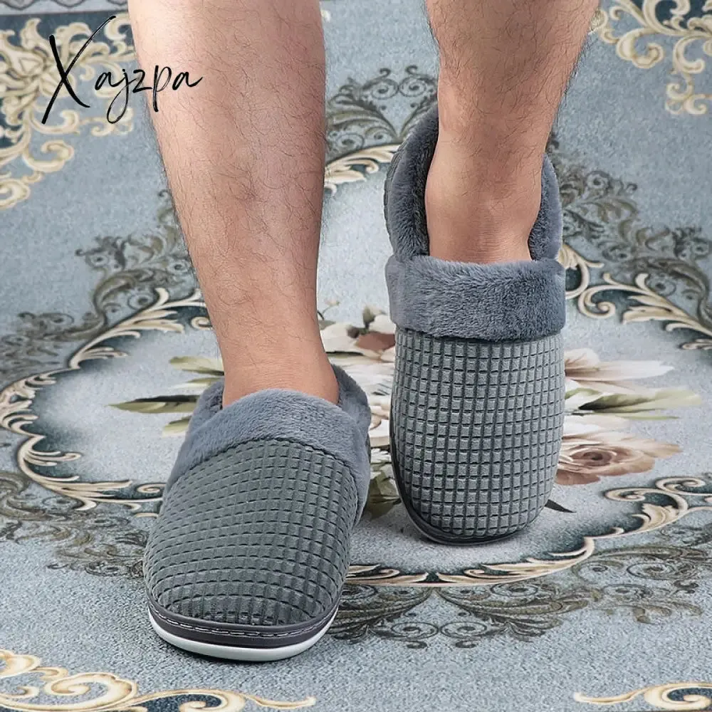 Xajzpa - Winter Slippers for Men Plus Size 47 Suede Gingham Fluffy House Slippers Memory Foam Male Home Slippers Soft Antiskid Hot Sale